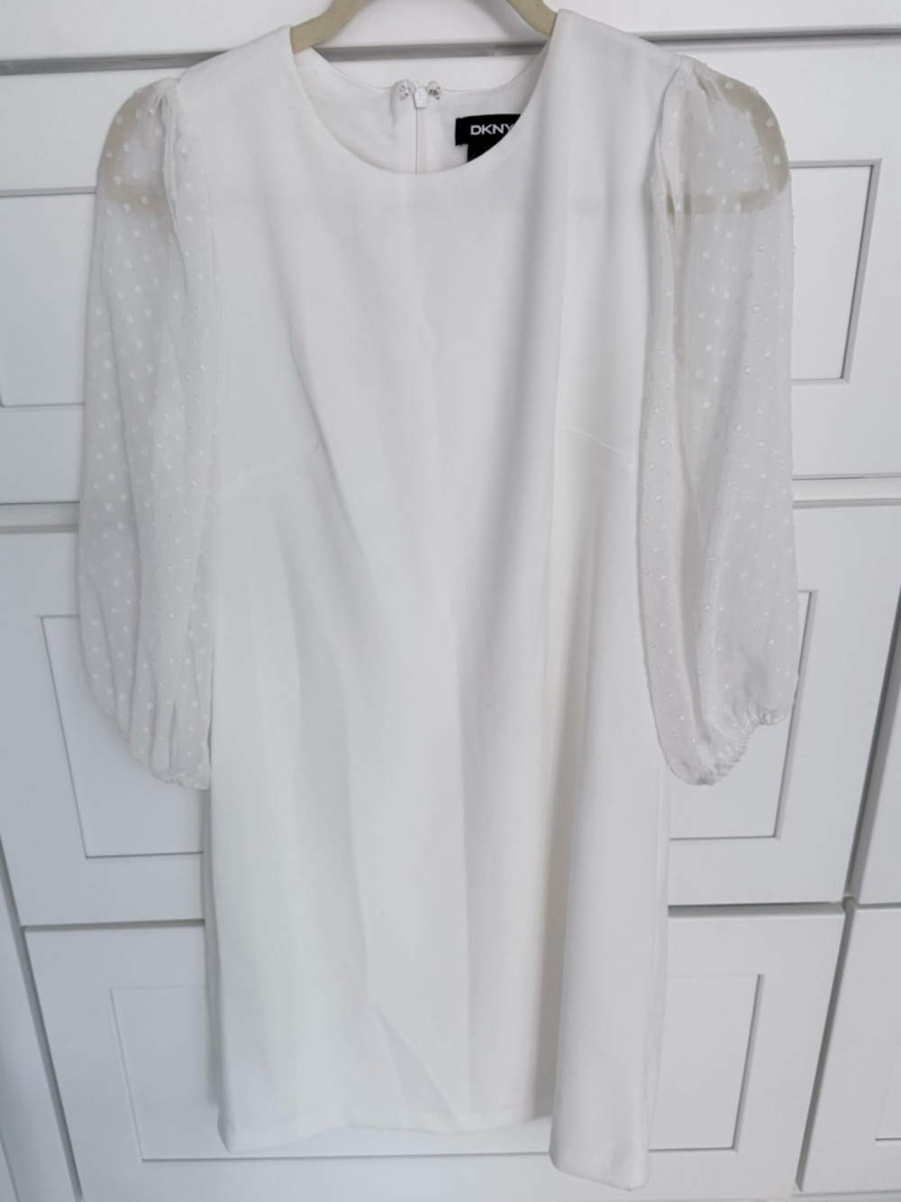 DKNY White Mini Dress with Sheer Dot Sleeves